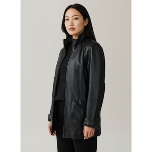 Vintage Y2K LIZ CLAIBORNE Black Leather Car Coat Jacket Zip Sz M Minimalist Goth